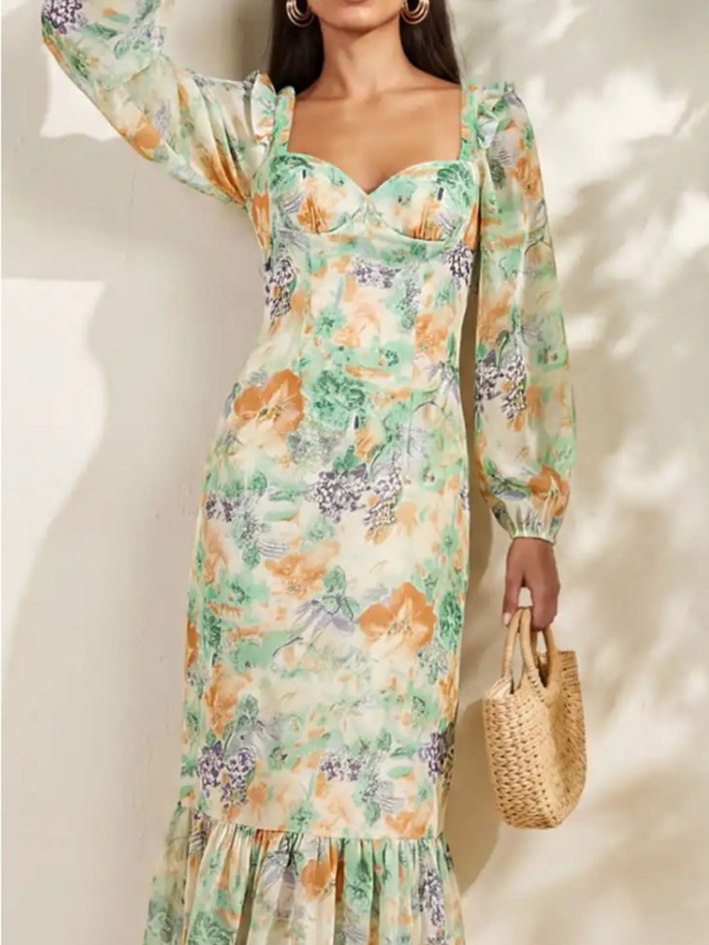 SHEIN Mint, Peach & Lavender Floral Long-Sleeve Midi Dress